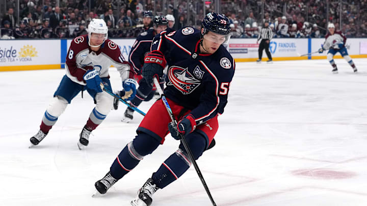 Blue Jackets winger Yegor Chinakhov tries to make a play with the puck. 