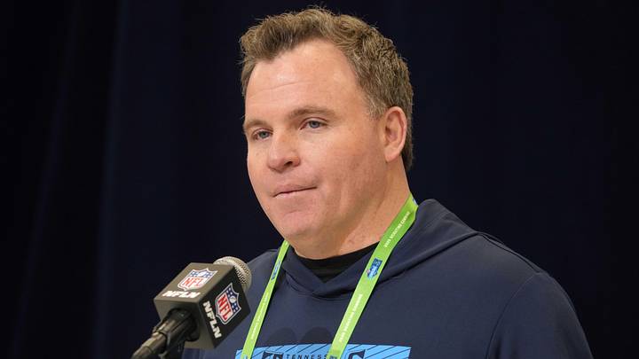 Feb 25, 2025; Indianapolis, IN, USA; Tennessee Titans general manager Mike Borgonzi speaks during the NFL Scouting Combine at the Indiana Convention Center. Mandatory Credit: Kirby Lee-Imagn Images