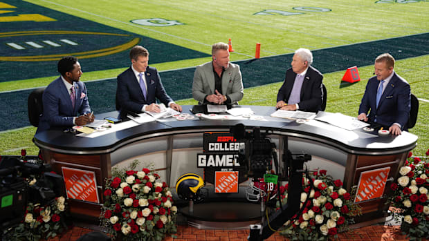 Jan 1, 2024; Pasadena, CA, USA; From left: Desmond Howard, Rece Davis, Pat McAfee, Lee Corso and Kirk Herbstreit