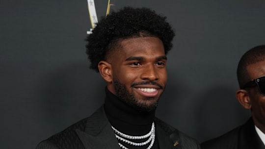 Feb 6, 2025; New Orleans, LA, USA;  Shedeur Sanders on the red carpet before Super Bowl LIX NFL Honors at Saenger Theatre.