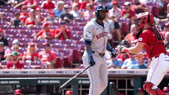 Houston Astros left fielder Yordan Alvarez walks back to the dugout after striking out in the seventh inning.