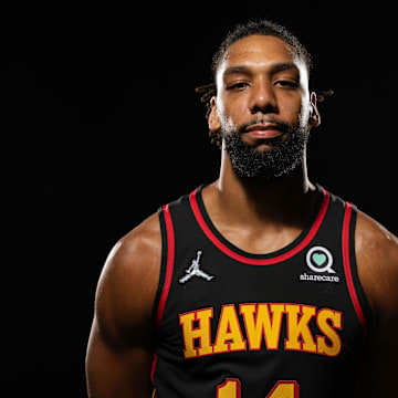 Sep 27, 2021; Atlanta, GA, USA; Atlanta Hawks center Jahlil Okafor (14) shown at Hawks Media Day held at PC&E. Mandatory Credit: Dale Zanine-Imagn Images