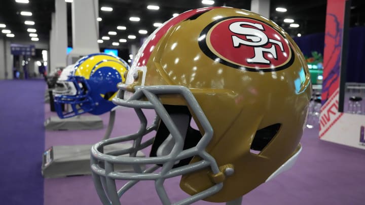 Feb 9, 2024; Las Vegas, NV, USA; A large San Francisco 49ers helmet at the NFL Experience at the Mandalay Bay South Convention Center. Mandatory Credit: Kirby Lee-USA TODAY Sports