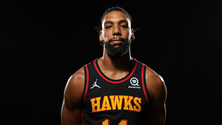 Sep 27, 2021; Atlanta, GA, USA; Atlanta Hawks center Jahlil Okafor (14) shown at Hawks Media Day held at PC&E. Mandatory Credit: Dale Zanine-Imagn Images