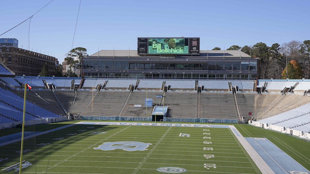 Dec 12, 2024; Chapel Hill, NC, USA;  Monitors with signage in Kenan Stadium announcing the hiring of North Carolina Tar Heels new head coach Bill Belichick at Loudermilk Center for Excellence. Mandatory Credit: Jim Dedmon-Imagn Images