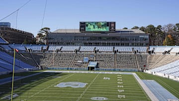 Dec 12, 2024; Chapel Hill, NC, USA;  Monitors with signage in Kenan Stadium announcing the hiring of North Carolina Tar Heels new head coach Bill Belichick at Loudermilk Center for Excellence. Mandatory Credit: Jim Dedmon-Imagn Images