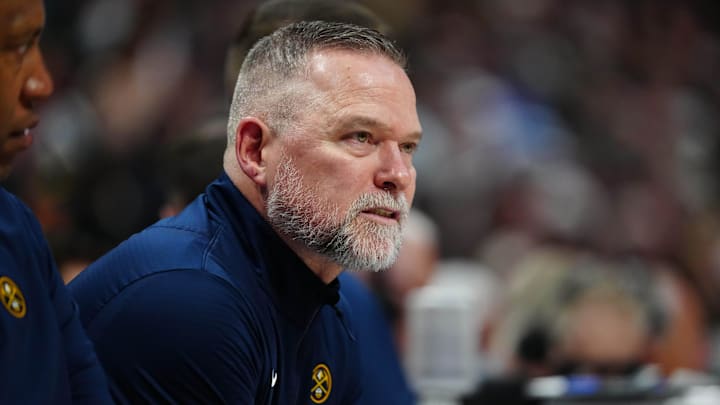 Apr 6, 2025; Denver, Colorado, USA; Denver Nuggets head coach Michael Malone during the second quarter against the Indiana Pacers at Ball Arena. Mandatory Credit: Ron Chenoy-Imagn Images