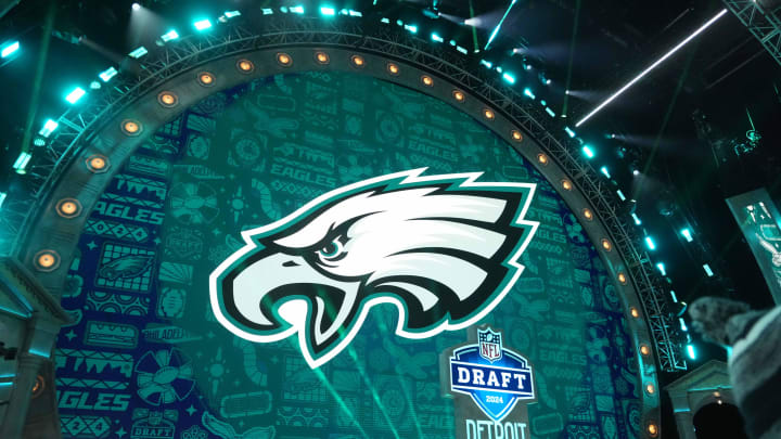 Apr 25, 2024; Detroit, MI, USA; A Philadelphia Eagles logo during the 2024 NFL Draft at Campus Martius Park and Hart Plaza. Mandatory Credit: Kirby Lee-USA TODAY Sports