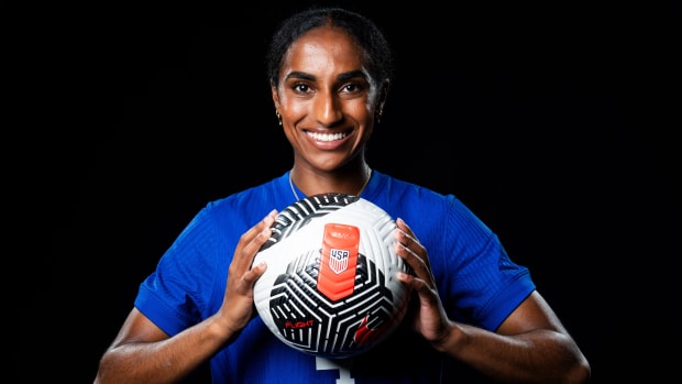 Naomi Girma, a defender for the U.S. women's national team, poses for a portrait