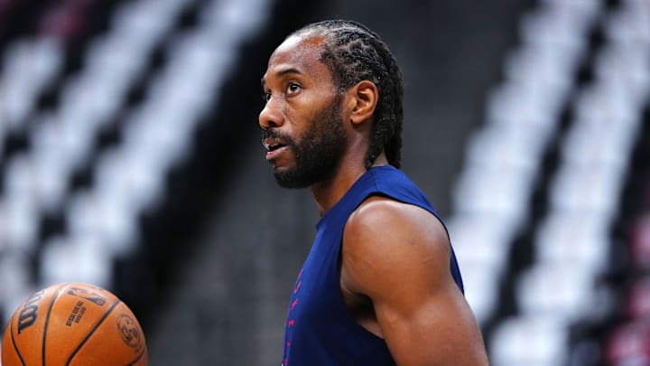 May 3, 2025; Denver, Colorado, USA; LA Clippers forward Kawhi Leonard (2) warms up before the game against the Denver Nuggets during game seven of first round for the 2025 NBA Playoffs at Ball Arena. Mandatory Credit: Ron Chenoy-Imagn Images May 3, 2025; Denver, Colorado, USA; LA Clippers forward Kawhi Leonard (2) warms up before the game against the Denver Nuggets during game seven of first round for the 2025 NBA Playoffs at Ball Arena. Mandatory Credit: Ron Chenoy-Imagn Images
