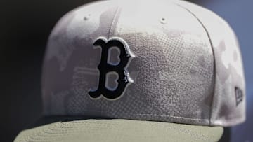 May 26, 2025; Milwaukee, Wisconsin, USA;  General view of a Boston Red Sox hat during warmups prior the game against the Milwaukee Brewers at American Family Field. Mandatory Credit: Jeff Hanisch-Imagn Images