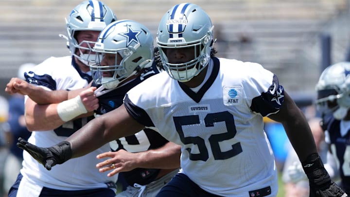 Dallas Cowboys guard Tyler Booker during training camp at the River Ridge Fields. Dallas Cowboys guard Tyler Booker during training camp at the River Ridge Fields.