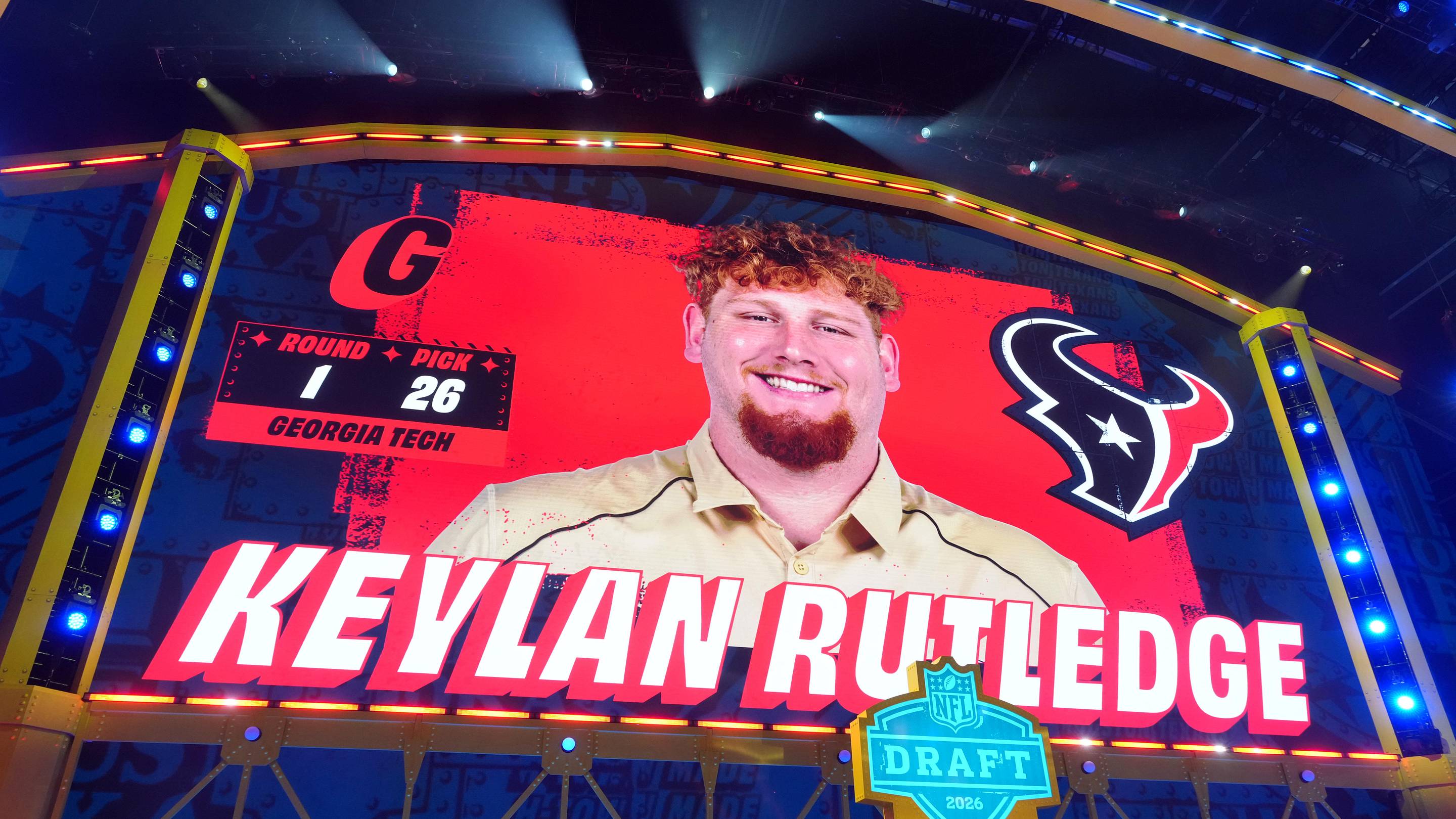 Apr 23, 2026; Pittsburgh, PA, USA; Georgia Tech Yellow Jackets offensive guard Keylan Rutledge is selected by the Houston Texans as the number 26 pick during the 2026 NFL Draft at Acrisure Stadium. Mandatory Credit: Kirby Lee-Imagn Images