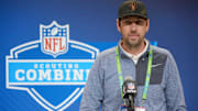 Feb 25, 2025; Indianapolis, IN, USA; Indianapolis Colts coach Shane Steichen speaks during the NFL Scouting Combine at the Indiana Convention Center. Mandatory Credit: Kirby Lee-Imagn Images