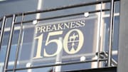 May 12, 2025; Baltimore, MD, USA; A general view of the signage representing the 150 running of the Preakness Stakes at Pimlico Race Course. 