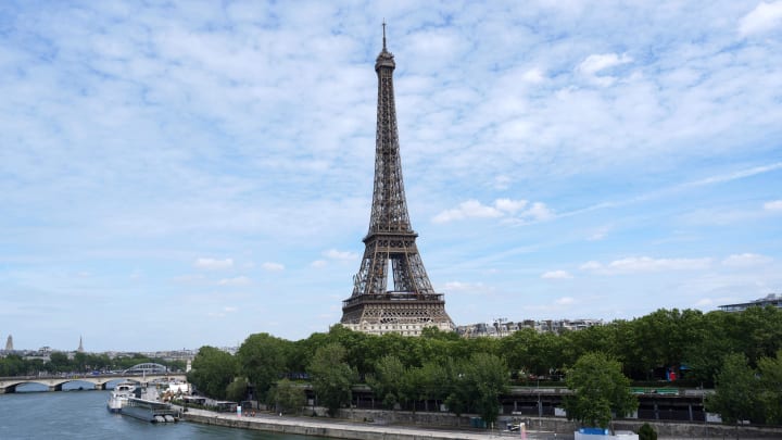 Jul 25, 2024; Paris, France; The Eiffel Tower prior at the Paris 2024 Olympics opening ceremonies.