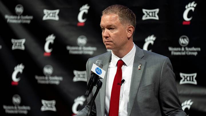 Cincinnati head coach Jerrod Calhoun speaks during a press conference announcing him as the head men's basketball coach at Fifth Third Arena in Cincinnati on Wednesday, March 25, 2026.