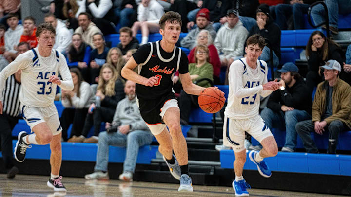 Madrid's Toryn Severson (3) takes the ball down the floor on Monday, Jan. 6, 2025, at Ankeny Christian Academy. Madrid's Toryn Severson (3) takes the ball down the floor on Monday, Jan. 6, 2025, at Ankeny Christian Academy.