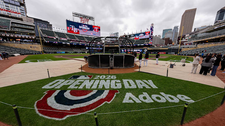 Apr 3, 2026; Minneapolis, Minnesota, USA; Minnesota Twins take batting practice prior to the game against the Tampa Bay Rays at Target Field. Mandatory Credit: Jordan Johnson-Imagn Images