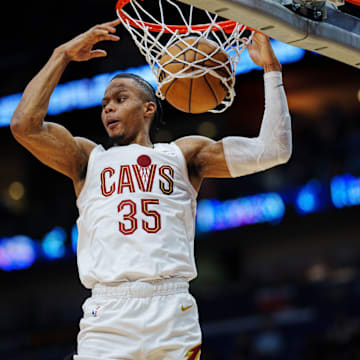 Feb 10, 2023; New Orleans, Louisiana, USA; Cleveland Cavaliers forward Isaac Okoro (35) dunks the ball against the New Orleans Pelicans during the second quarter at Smoothie King Center. Mandatory Credit: Andrew Wevers-Imagn Images