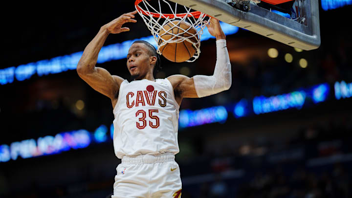 Feb 10, 2023; New Orleans, Louisiana, USA; Cleveland Cavaliers forward Isaac Okoro (35) dunks the ball against the New Orleans Pelicans during the second quarter at Smoothie King Center. Mandatory Credit: Andrew Wevers-Imagn Images