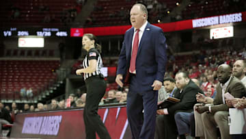 Wisconsin coach Greg Gard is shown during the first half of their preseason game against Wis.-River Falls Wednesday, Oct. 30, 2024. at the Kohl Center in Madison, Wis.