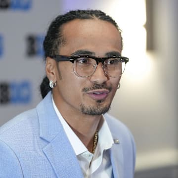 Jul 24, 2025; Las Vegas, NV, USA; UCLA quarterback Nico Iamaleava speaks to the media during the Big Ten NCAA college football media days at Mandalay Bay Resort. Mandatory Credit: Lucas Peltier-Imagn Images