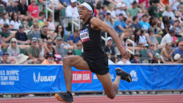 Jun 30, 2024; Eugene, OR, USA; Russell Robinson places second in the triple jump at 55-9 34 (17.01m) during the US Olympic Team Trials at Hayward Field. Mandatory Credit: Kirby Lee-USA TODAY Sports