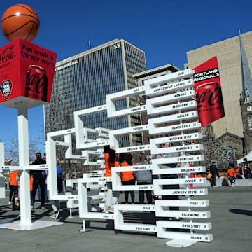 The 2024 women’s NCAA tournament bracket in Cleveland during the Final Four.
