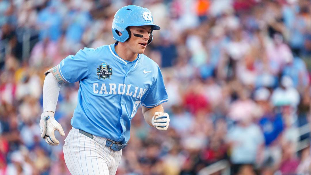 Jun 12, 2026; Omaha, NE, USA; North Carolina Tar Heels center fielder Owen Hull (8) runs the bases after hitting a home run against the Mississippi Rebels during the sixth inning at Charles Schwab Field. Mandatory Credit: Dylan Widger-Imagn Images