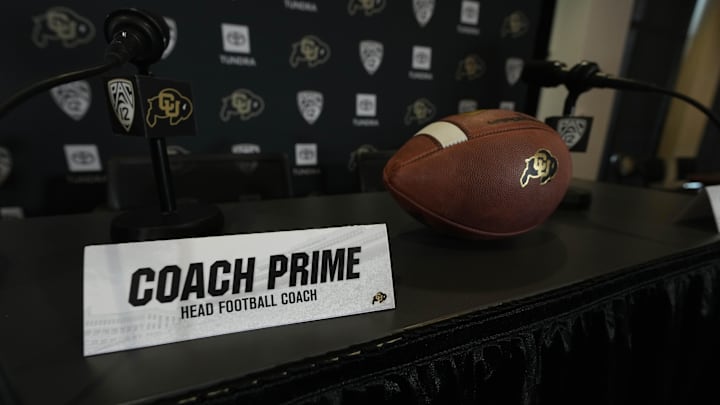 Dec 4, 2022; Boulder, CO, USA; General view of a place card for Colorado Buffaloes head coach Deion