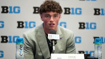 Penn State football quarterback Drew Allar speaks to the media during Big Ten Media Days