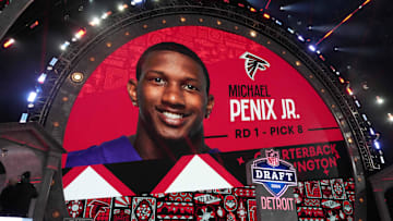 Apr 25, 2024; Detroit, MI, USA; Washington Huskies quarterback Michael Penix Jr. is selected as the No. 8 pick in the first round by Atlanta Falcons during the 2024 NFL Draft at Campus Martius Park and Hart Plaza. Mandatory Credit: Kirby Lee-Imagn Images