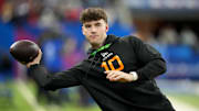Mar 1, 2025; Indianapolis, IN, USA; Florida quarterback Graham Mertz (QB10) during the 2025 NFL Combine at Lucas Oil Stadium. Mandatory Credit: Kirby Lee-Imagn Images