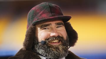 Jan 18, 2025; Kansas City, Missouri, USA; Philadelphia Eagles former player and ESPN commentator Jason Kelce reacts before in a 2025 AFC divisional round game between the Kansas City Chiefs and the Houston Texans at GEHA Field at Arrowhead Stadium. Mandatory Credit: Jay Biggerstaff-Imagn Images