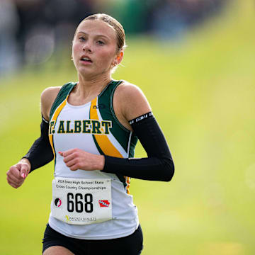 St. Albert Council Bluff's Lili Denton runs to the finish line during the 2024 Iowa state cross country meet on Saturday, Nov. 2, 2024, in Fort Dodge.