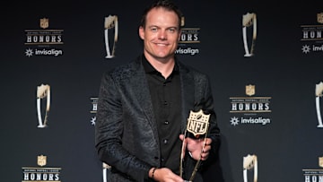 Feb 6, 2025; New Orleans, LA, USA; Minnesota Vikings coach Kevin O'Connell poses with the Coach of the Year award during Super Bowl LIX NFL Honors at Saenger Theatre.