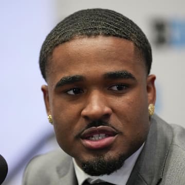 Jul 24, 2025; Las Vegas, NV, USA; USC safety Kamari Ramsey speaks to the media during the Big Ten NCAA college football media days at Mandalay Bay Resort. 