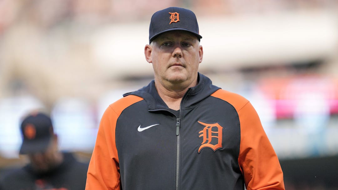 Jun 16, 2023; Minneapolis, Minnesota, USA; Detroit Tigers manager A.J. Hinch (14) visits the mound in the second inning against the Minnesota Twins at Target Field. Mandatory Credit: Matt Blewett-Imagn Images