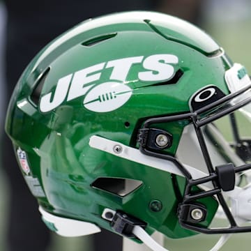 Aug 12, 2023; Charlotte, North Carolina, USA; New York Jets helmet during the second quarter against the Carolina Panthers at Bank of America Stadium. Mandatory Credit: Jim Dedmon-Imagn Images