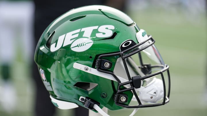 Aug 12, 2023; Charlotte, North Carolina, USA; New York Jets helmet during the second quarter against the Carolina Panthers at Bank of America Stadium. Mandatory Credit: Jim Dedmon-Imagn Images