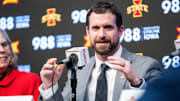 Jimmy Rogers speaks during his introductory press conference as Iowa State’s new head football coach on Dec. 8, 2025, at Iowa State University in Ames, IA.