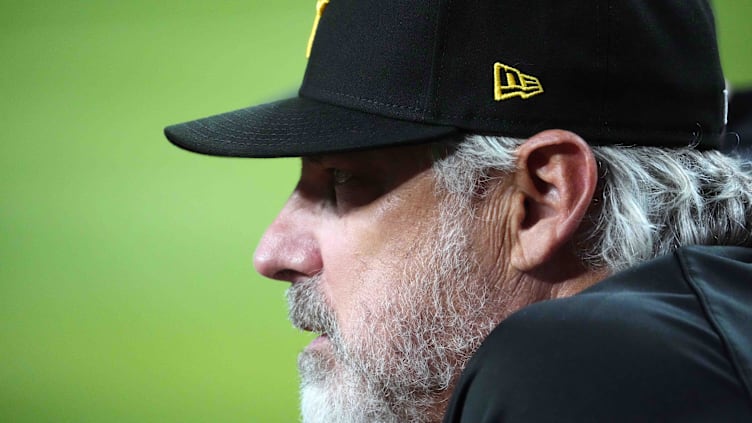 Jul 26, 2024; Phoenix, Arizona, USA; Pittsburgh Pirates manager Derek Shelton (17) looks on against the Arizona Diamondbacks during the first inning at Chase Field. Mandatory Credit: Joe Camporeale-USA TODAY Sports