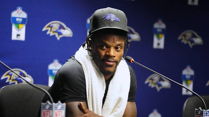 Sep 27, 2026; Rio De Janeiro, BRA;  Baltimore Ravens quarterback Lamar Jackson (8) speaks to the media after the game at Maracana Stadium.  Mandatory Credit: Kirby Lee-Imagn Images