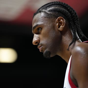 Jul 12, 2024; Las Vegas, NV, USA;  Washington Wizards center Alex Sarr (12) competes against the Atlanta Hawks during the second half at Thomas & Mack Center. Mandatory Credit: Lucas Peltier-USA TODAY Sports