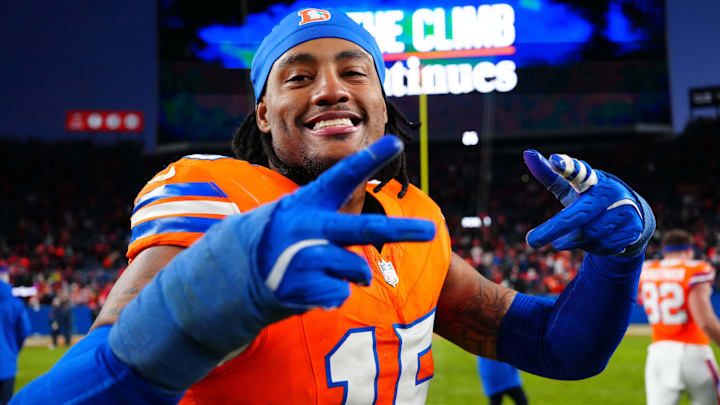 Jan 5, 2025; Denver, Colorado, USA; Denver Broncos linebacker Nik Bonitto (15) following the win against the Kansas City Chiefs at Empower Field at Mile High. Jan 5, 2025; Denver, Colorado, USA; Denver Broncos linebacker Nik Bonitto (15) following the win against the Kansas City Chiefs at Empower Field at Mile High.