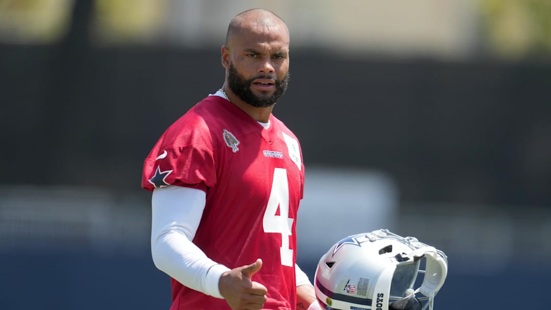Jul 29, 2023; Oxnard, CA, USA; Dallas Cowboys quarterback Dak Prescott (4) during training camp at the River Ridge Fields. Mandatory Credit: Kirby Lee-Imagn Images