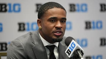 Jul 24, 2025; Las Vegas, NV, USA; USC safety Kamari Ramsey speaks to the media during the Big Ten NCAA college football media days at Mandalay Bay Resort. Mandatory Credit: Lucas Peltier-Imagn Images
