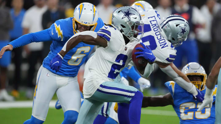 Aug 20, 2022; Inglewood, California, USA; Dallas Cowboys wide receiver KaVontae Turpin (2) scores a touchdown on a 98-yard kickoff return against the Los Angeles Chargers in the first half at SoFi Stadium. Mandatory Credit: Kirby Lee-USA TODAY Sports