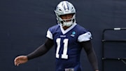 Jul 22, 2025; Oxnard, CA, USA; Dallas Cowboys defensive end Micah Parsons (11) during training camp at the River Ridge Fields. Mandatory Credit: Kirby Lee-Imagn Images